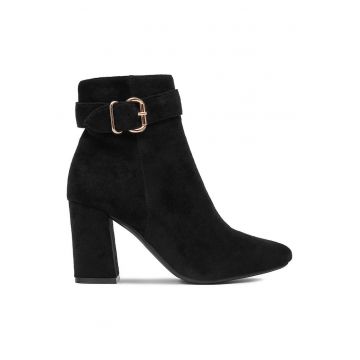 Botine dama -  material sintetic - negru - toc subtire - inchidere cu fermoar