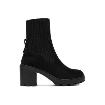 Botine dama -  material textil - negru - toc gros -