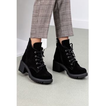 Botine dama negre din piele intoarsa cu toc gros - Negru