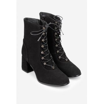 Botine dama negre din piele intoarsa cu toc