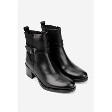 Botine dama negre din piele naturala cu fermoar si elastic