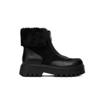Botine dama -  negru - material sintetic - varf rotund - inchidere cu fermoar -