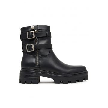 Botine dama -  piele ecologica - negru - talpa groasa - inchidere cu fermoar -