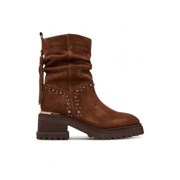 Botine dama -  piele intoarsa - toc gros - maro -