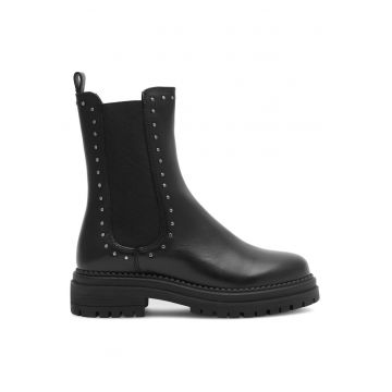 Botine dama -  piele naturala - negru - toc plat - fermoar -