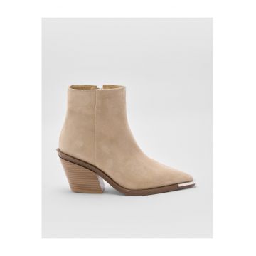 Botine din piele intoarsa cu toc cubanez - Bej