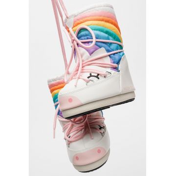 Cizme mid-high de iarna cu imprimeu unicorn - Alb/Roz pastel/Lila