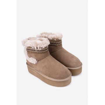 Ghete dama  din piele intoarsa taupe cu model