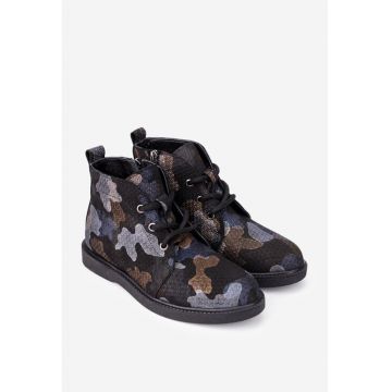 Ghete dama negre din piele cu imprimeu multicolor