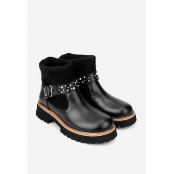 Ghete dama  negre din piele naturala si material textil