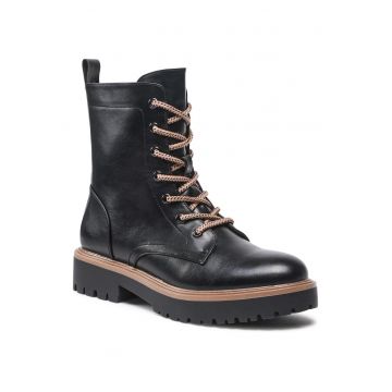 Ghete dama -  piele ecologica - negru - detalii bej - fermoar - Negru