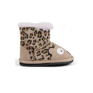 Ghete de piele intoarsa cu animal print si captuseala de lana - Negru/Maro nisip