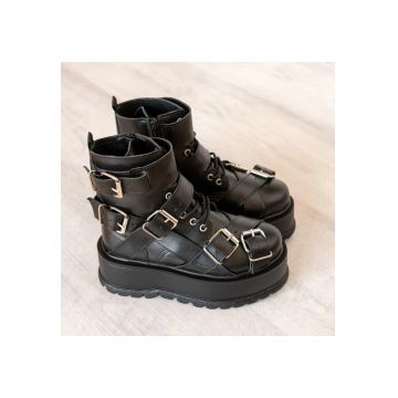 Ghete din piele cu talpa wedge si catarame Heavy Duty - Negru