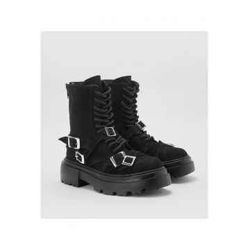 Ghete din piele intoarsa cu catarame decorative - Negru - Negru