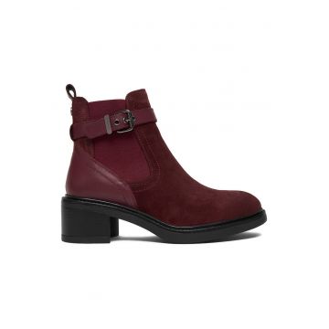 Botine dama -  piele intoarsa si piele naturala - rosu - cu toc bloc