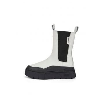 Ghete Chelsea de piele cu segmente din material textil Mayze Stack - Negru/Gri melange