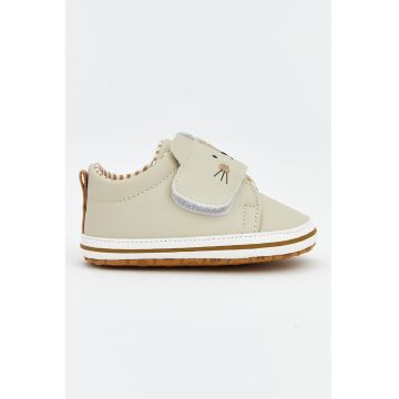 Pantofi crib din piele ecologica cu bareta velcro - Bej deschis