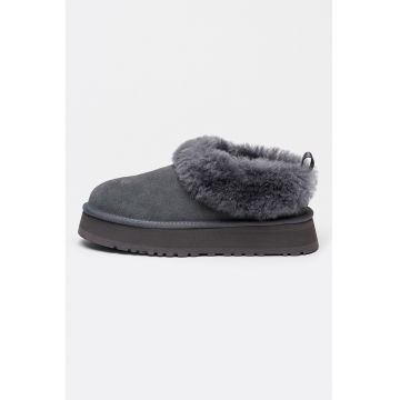 Ghete de piele intoarsa fara inchidere cu blana - Gri inchis
