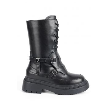 Ghete din piele cu 2 curele decorative Elene - Negru