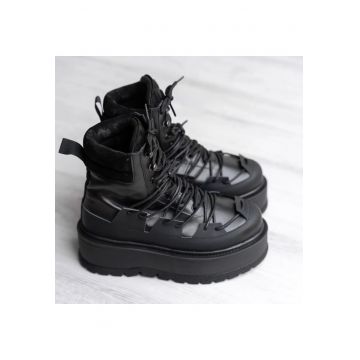 Ghete din piele cu talpa wedge Heavy Duty - Negru