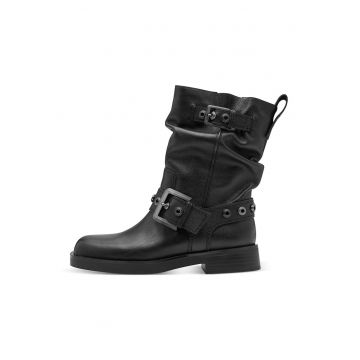Ghete de piele cu bareta decorativa cu catarama - Negru