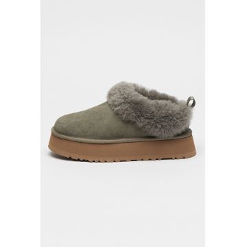 Ghete de piele intoarsa fara inchidere cu blana - Verde pal