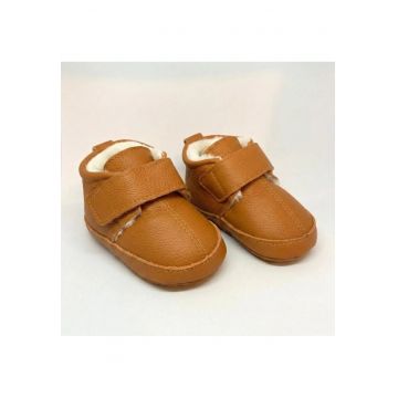 Papuci de interior pentru copii -  Piele naturala - Talpa flexibila pentru primii pasi - Maro camel