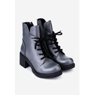 Botine dama gri din piele texturata