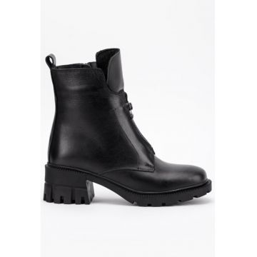 Ghete dama negre din piele cu fermoar decorativ in fata